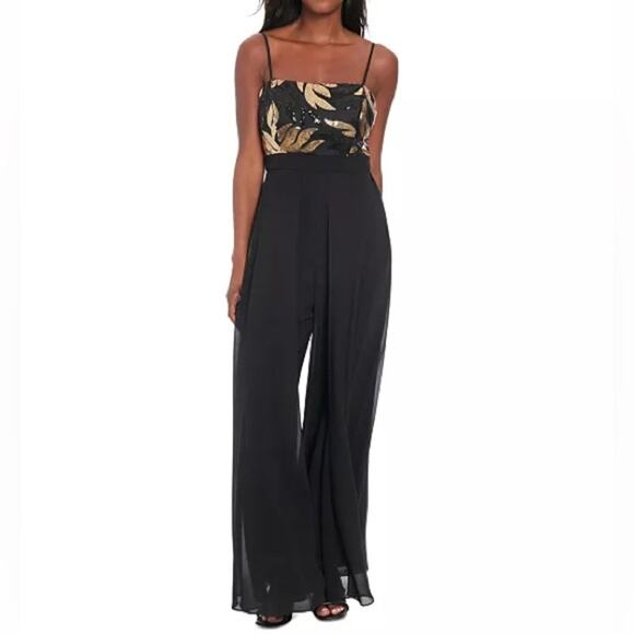 London Times Petite Sequin-Bodice Wide-Leg Jumpsuit Black Gold Women’s Sz 4P - Picture 1 of 9